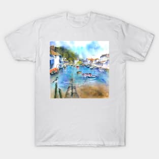 Landscape painting in watercolour of the harbour at Polperro T-Shirt